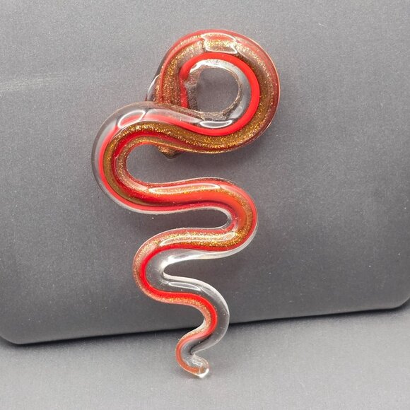 Artisan Made Glass Snake Pendant 2.5" Red w/ Gold Sparkle Sculptural Bail - Picture 6 of 7